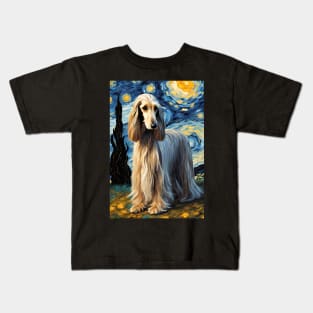 Afghan Hound Dog Breed Painting in a Van Gogh Starry Night Art Style Kids T-Shirt